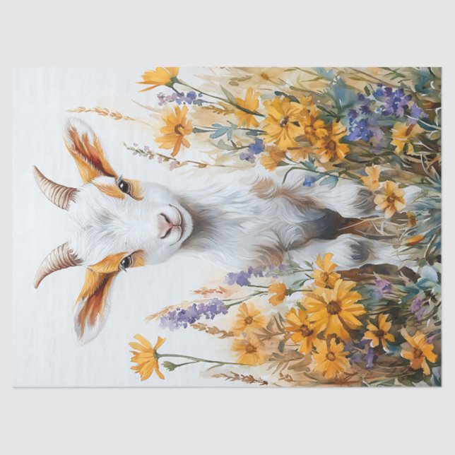 Springtime Goat Kid Yellow Wildflowers Decoupage Tissue Paper (Front)
