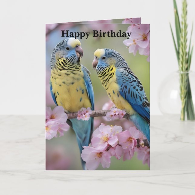 Springtime Harmony: Blue and Yellow Budgies  Card (Front)