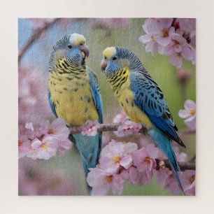 Springtime Harmony: Blue and Yellow Budgies Jigsaw Puzzle