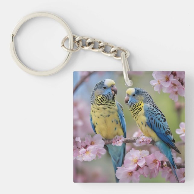 Springtime Harmony: Blue and Yellow Budgies  Keychain (Front)