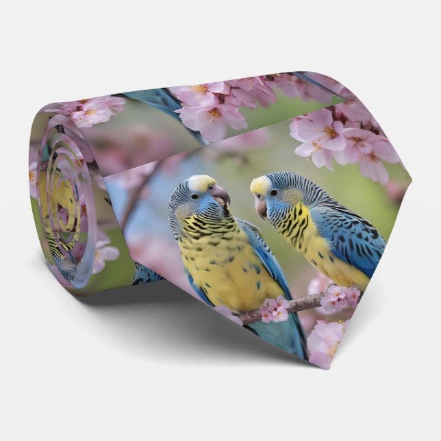 Springtime Harmony: Blue and Yellow Budgies  Neck Tie (Rolled)