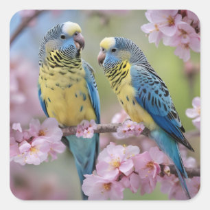 Springtime Harmony: Blue and Yellow Budgies  Square Sticker