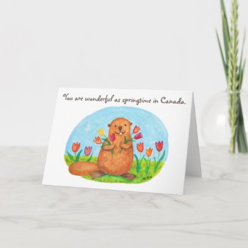 Springtime In Canada Beaver With Tulips Canadian Card by MiKaArt at Zazzle