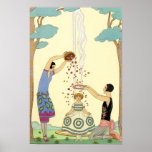 Springtime in France Art Deco Poster<br><div class="desc">Springtime in France Art Deco poster. Spring (Le Printemps) Art Deco Illustration by Georges Barbier. One of Georges Barbier’s lovely season illustrations. Spring features two young lovely women in art deco fashion dressing a little flower girl in rose petals and a flower crown in front of a streaming fountain. A...</div>