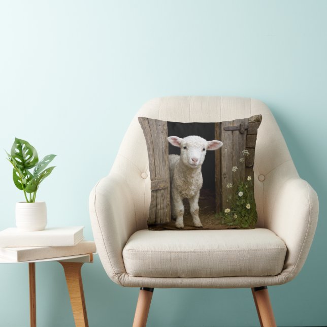 Springtime Lamb Standing In Barn Doorway Throw Pillow (Chair)