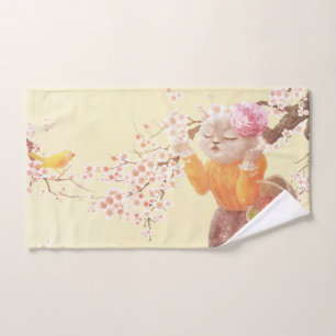 Springtime Melody: Miss Meow Singing Under Sakura Hand Towel