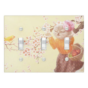 Springtime Melody: Miss Meow Singing Under Sakura Light Switch Cover