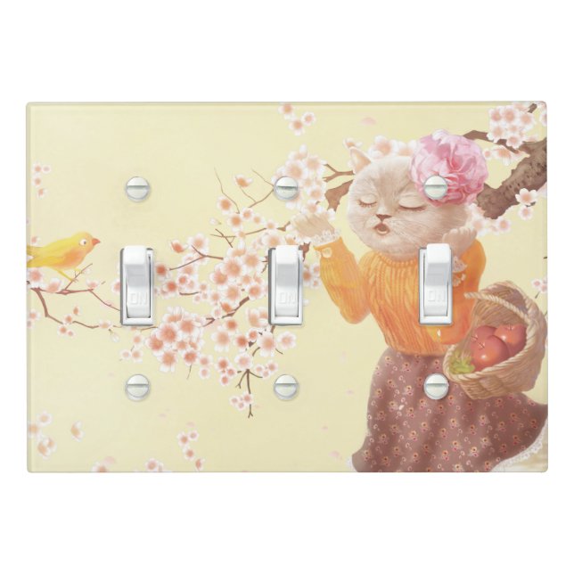 Springtime Melody: Miss Meow Singing Under Sakura Light Switch Cover (In Situ)
