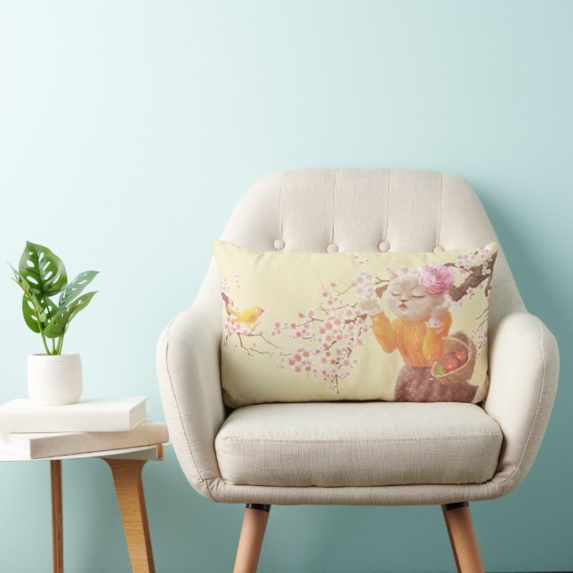 Springtime Melody: Miss Meow Singing Under Sakura Lumbar Pillow (Chair)
