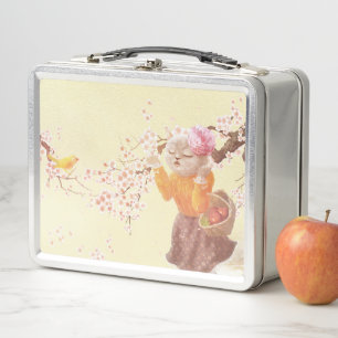 Springtime Melody: Miss Meow Singing Under Sakura Metal Lunch Box