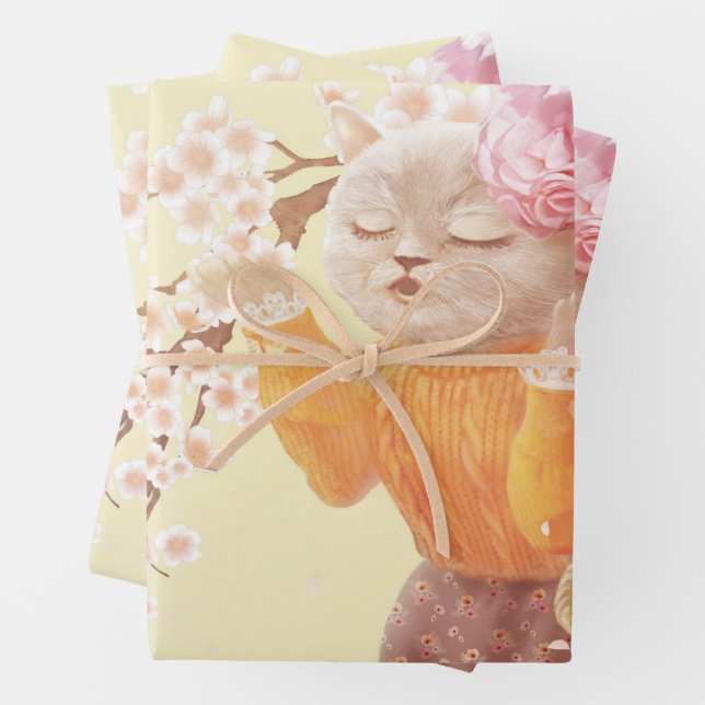 Springtime Melody: Miss Meow Singing Under Sakura Wrapping Paper Sheets (In situ)