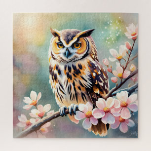 Springtime Owl, pink blossoms Jigsaw Puzzle