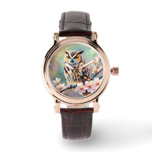 Springtime Owl, pink blossoms Watch