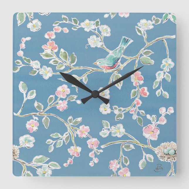Springtime Pattern - Birds & Flowers Square Wall Clock (Front)