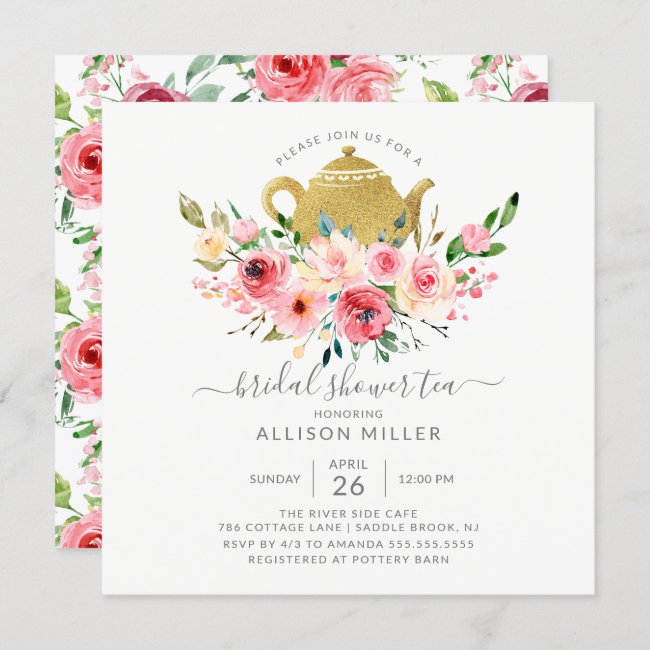 Springtime Peonies Rose Floral Bridal Shower Tea Invitation