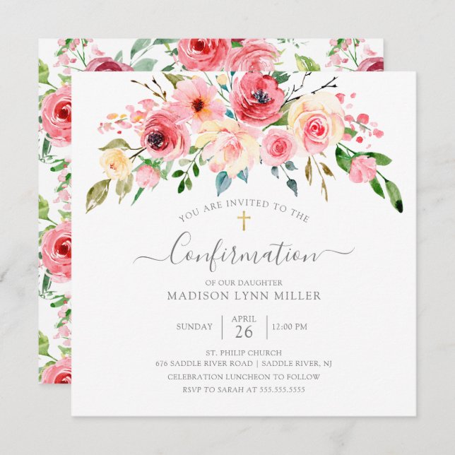 Springtime Peonies Rose Floral Confirmation Invitation (Front/Back)