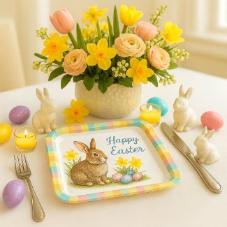 Springtime Plaid with Easter Bunny Paper Plate