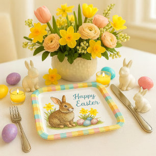 Springtime Plaid with Easter Bunny Paper Plate