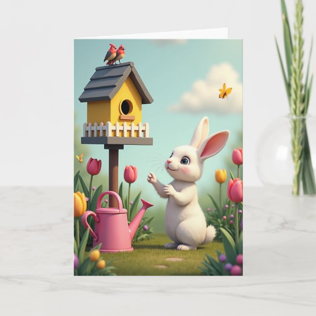 Springtime Rabbit Garden Scene Card (Front)