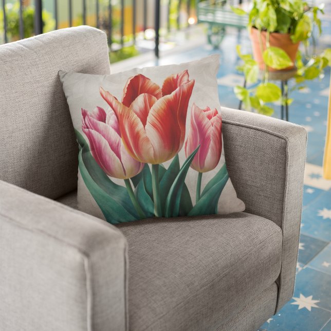 Springtime Red and Pink Tulip Bloom Throw Pillow (Creator Uploaded)