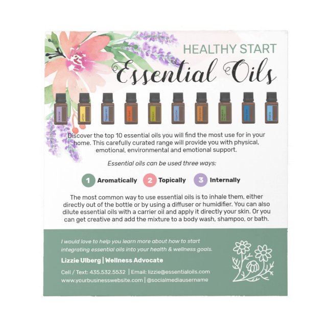 Springtime Watercolor Floral Essential Oils Notepad (Front)