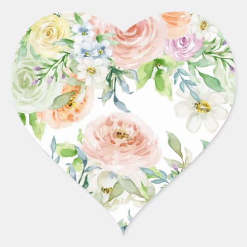 Springtime Watercolor Floral Rose Garden Pastel Heart Sticker