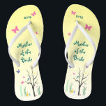 Springtime Wedding Mother of the Bride Flip Flops<br><div class="desc">Choose these pretty Mother of the Bride flip flops for a special wedding.  Birds are perched in the tree,  butterflies hover,  a duck waddles in the grass. There's a lovely yellow background.  Customize text for your special event.</div>