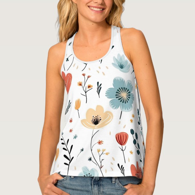 Springtime Wildflowers Pattern, Rust, Tan, Blue Tank Top (Front)