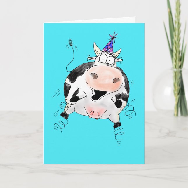 Springy Cow Cartoon Happy Birthday Card (Front)
