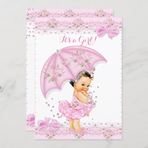 Sprinkle Baby Shower Girl Floral Pink Umbrella Invitation