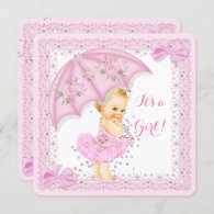 Sprinkle Baby Shower Girl Pink Umbrella Blonde Invitation