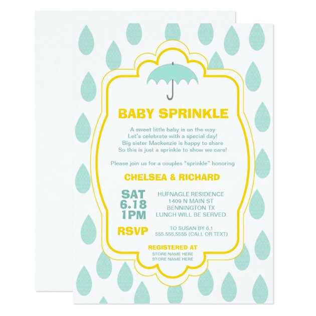 Sprinkle Baby Shower Invites Raindrop Teal Yellow
