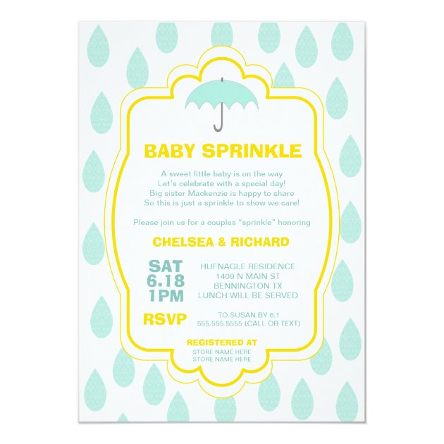 Sprinkle Baby Shower Invites Raindrop Teal Yellow