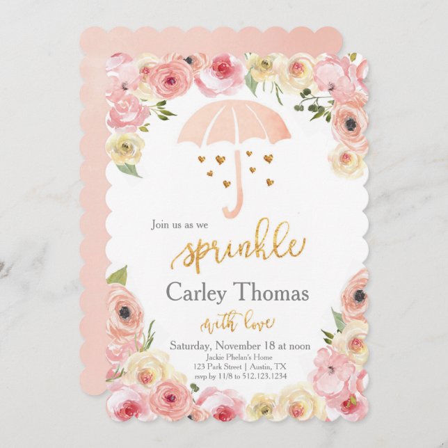 Sprinkle Baby Shower Pastel Floral Gold Glam Invitation (Front/Back)