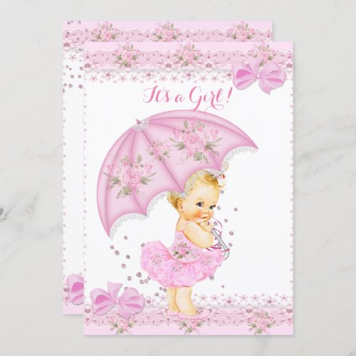 Sprinkle Blonde Baby Shower Girl Floral Pink Invitation
