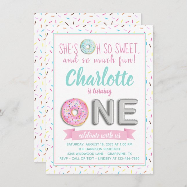 Sprinkle Donut Foil Balloon 1st Birthday Party Invitation (Front/Back)