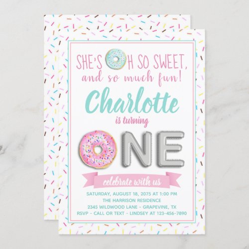 Sprinkle Donut Foil Balloon First Birthday Party Invitation
