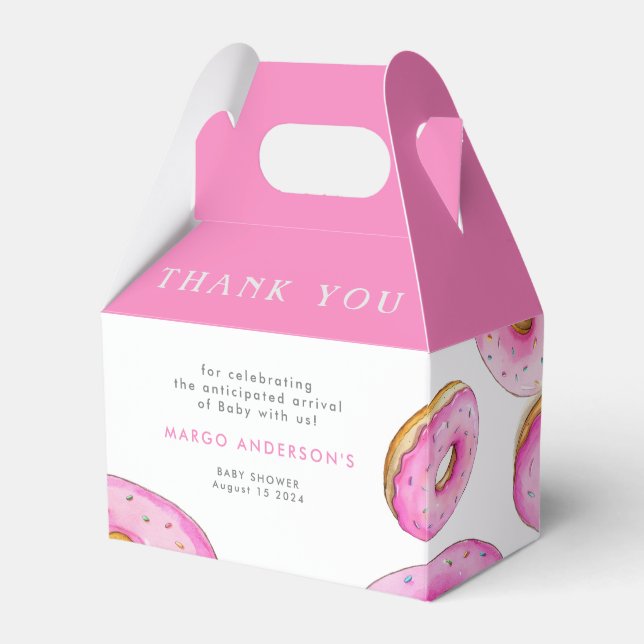 Sprinkle Donuts Watercolor Pink Baby Shower Favor Boxes (Front Side)