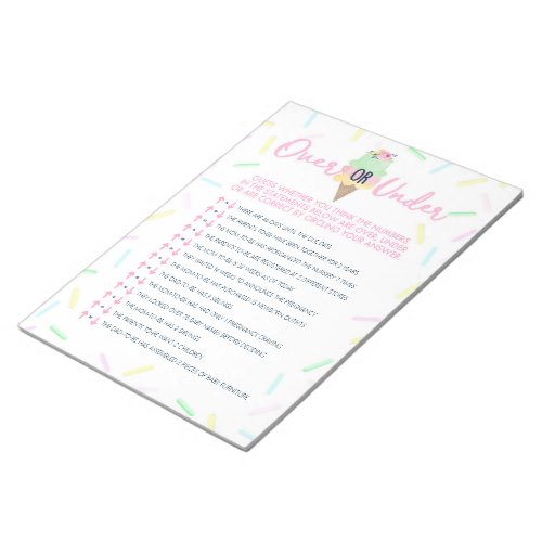 Sprinkle Ice Cream Over or Under Shower Game Pack Notepad