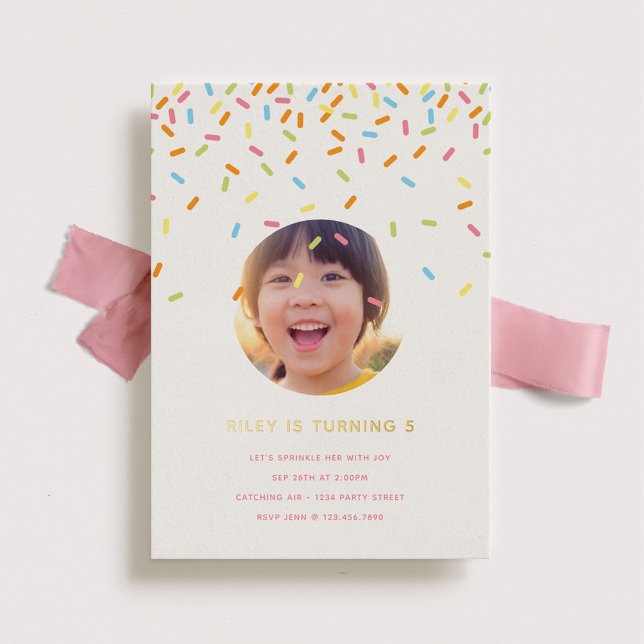 Sprinkle Kids Birthday Party Photo Gold Foil Invitation (Creator Uploaded)