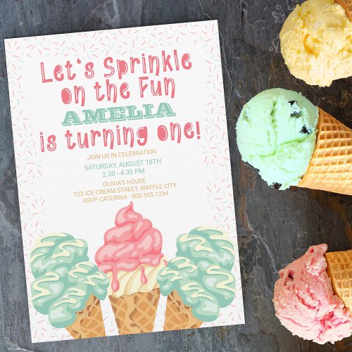 Sprinkle on the Fun Ice Cream 1st Birthday Photo Invitation