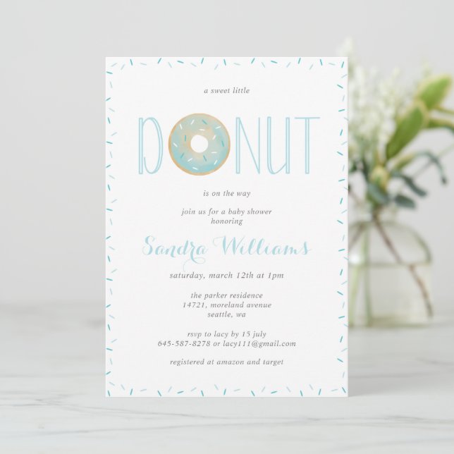 Sprinkled donut baby shower Invitation_Blue Invitation (Standing Front)