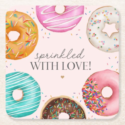 Sprinkled Donut Baby Sprinkle Party Table Decor Square Paper Coaster