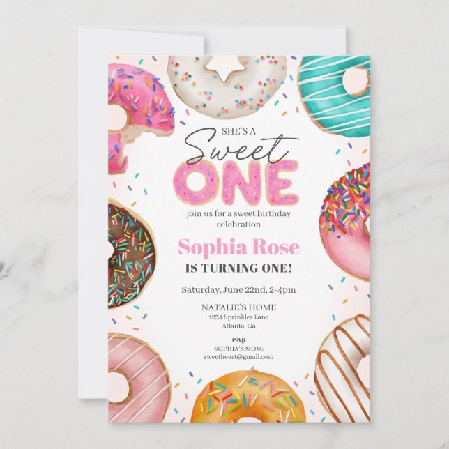 Sprinkled Donut Sweet ONE 1st Birthday Party Invitation (Front)