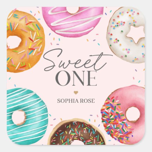 Sprinkled Donut Sweet ONE 1st Birthday Party Square Sticker