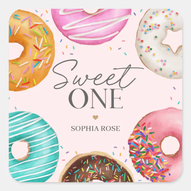 Sprinkled Donut Sweet ONE 1st Birthday Party Square Sticker | Zazzle
