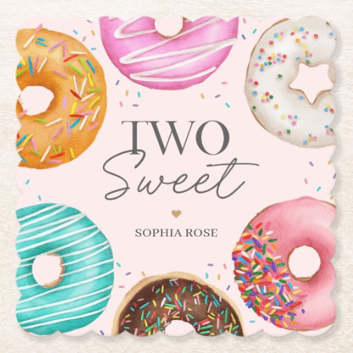 Sprinkled Donut TWO Sweet 2nd Birthday Party Paper Coaster