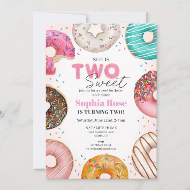 Sprinkled Donut TWO Sweet Birthday Party for Girl Invitation (Front)