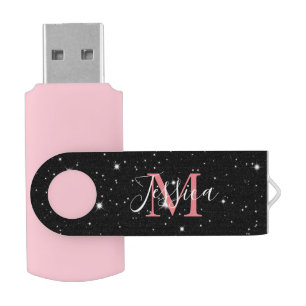 Sprinkled Galaxy Stars Black with Pink Monogram Flash Drive