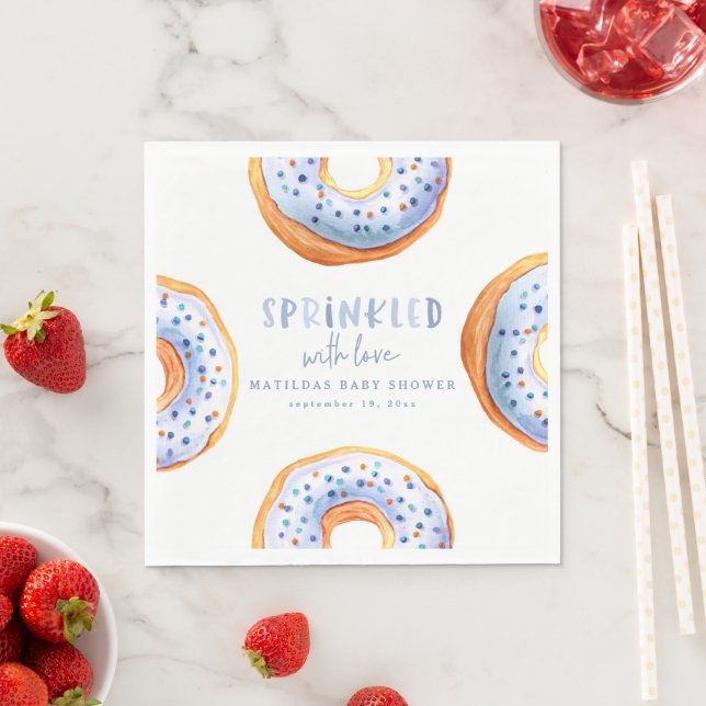 Sprinkled with love blue donut baby shower napkins (Insitu)